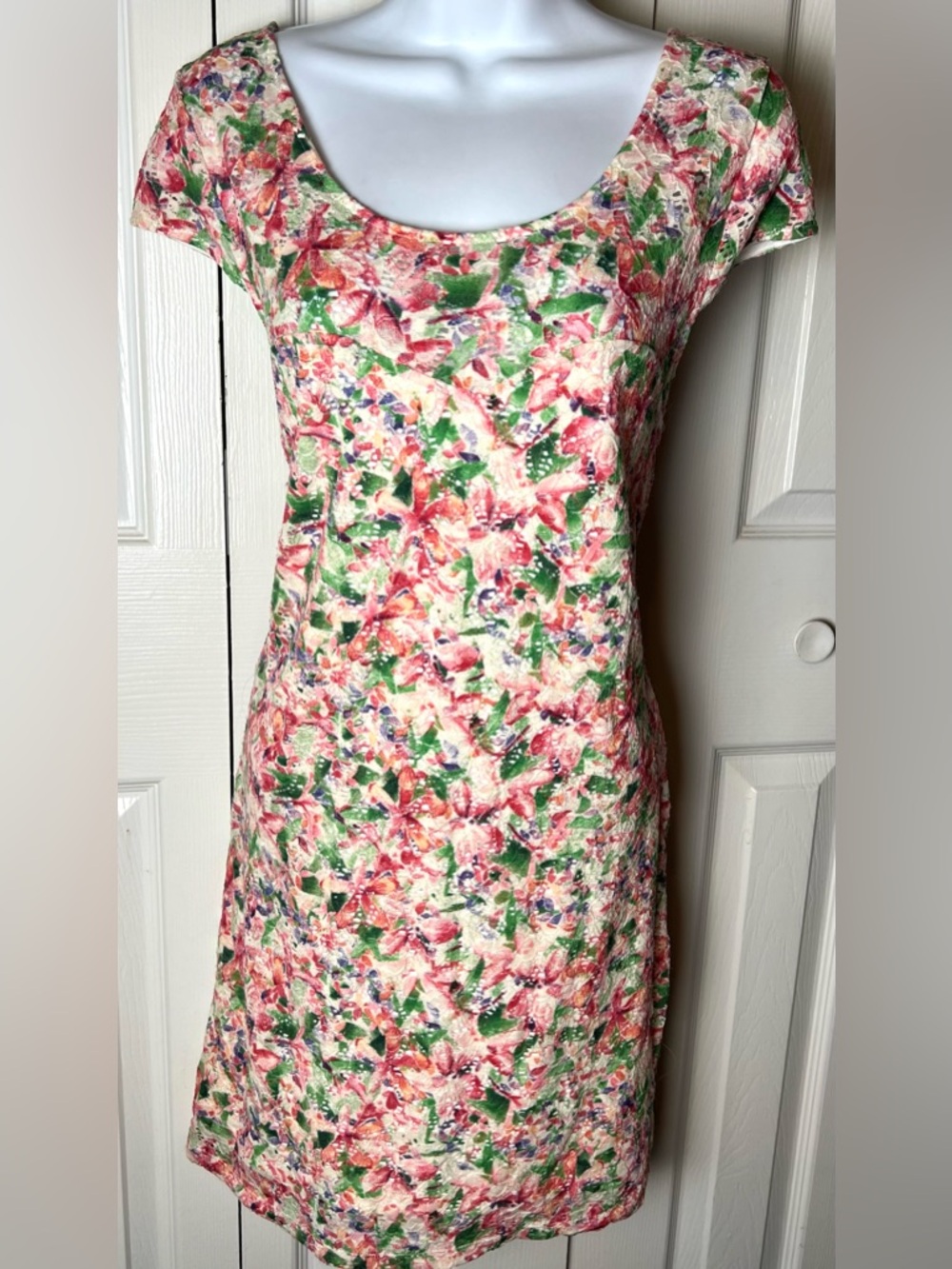 FREE PEOPLE Dress Lace Overlay Open Back Cap Sleeves Floral Pink Green Small - Picture 3 of 10